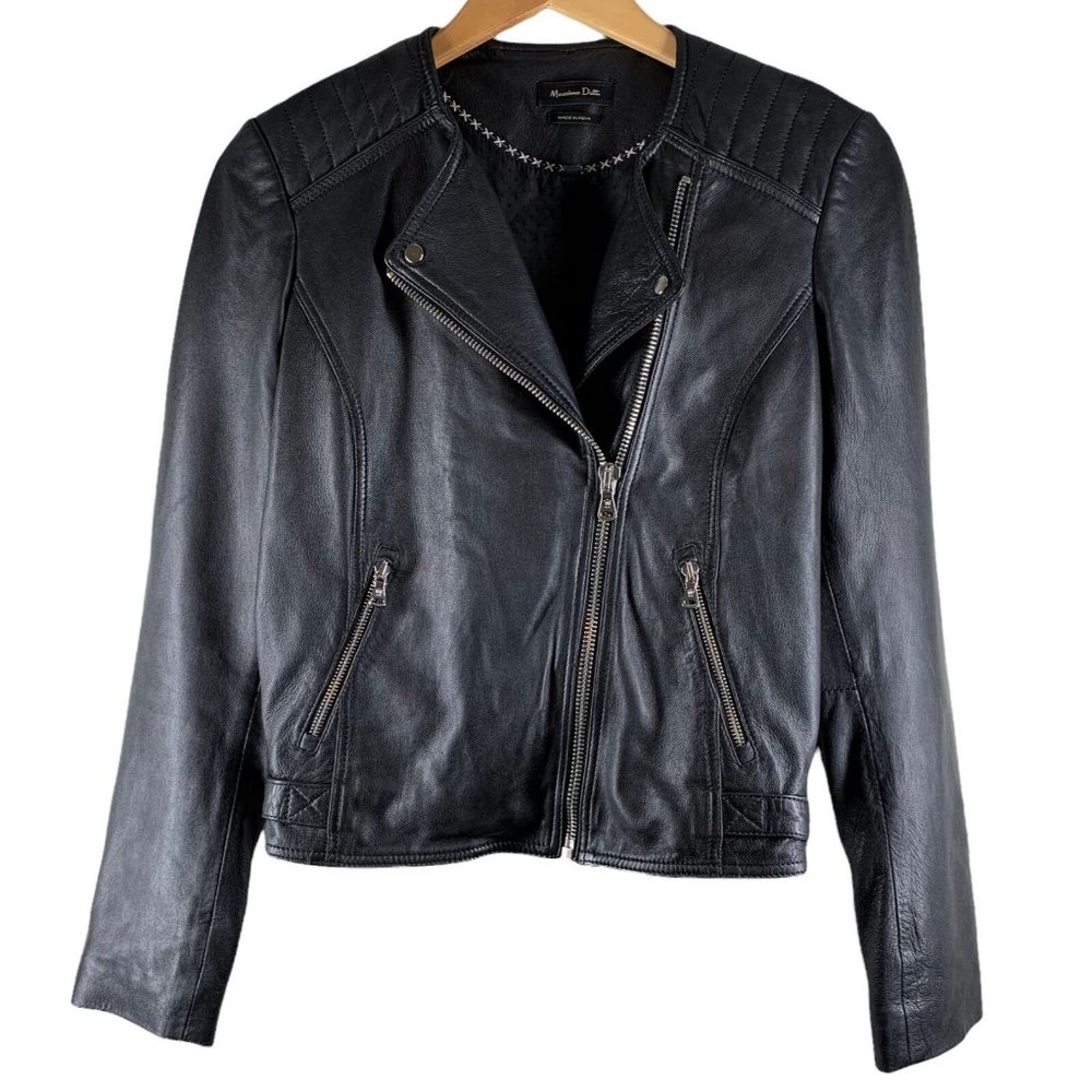 Massimo Dutti Black Leather Moto Biker Jacket Size Small